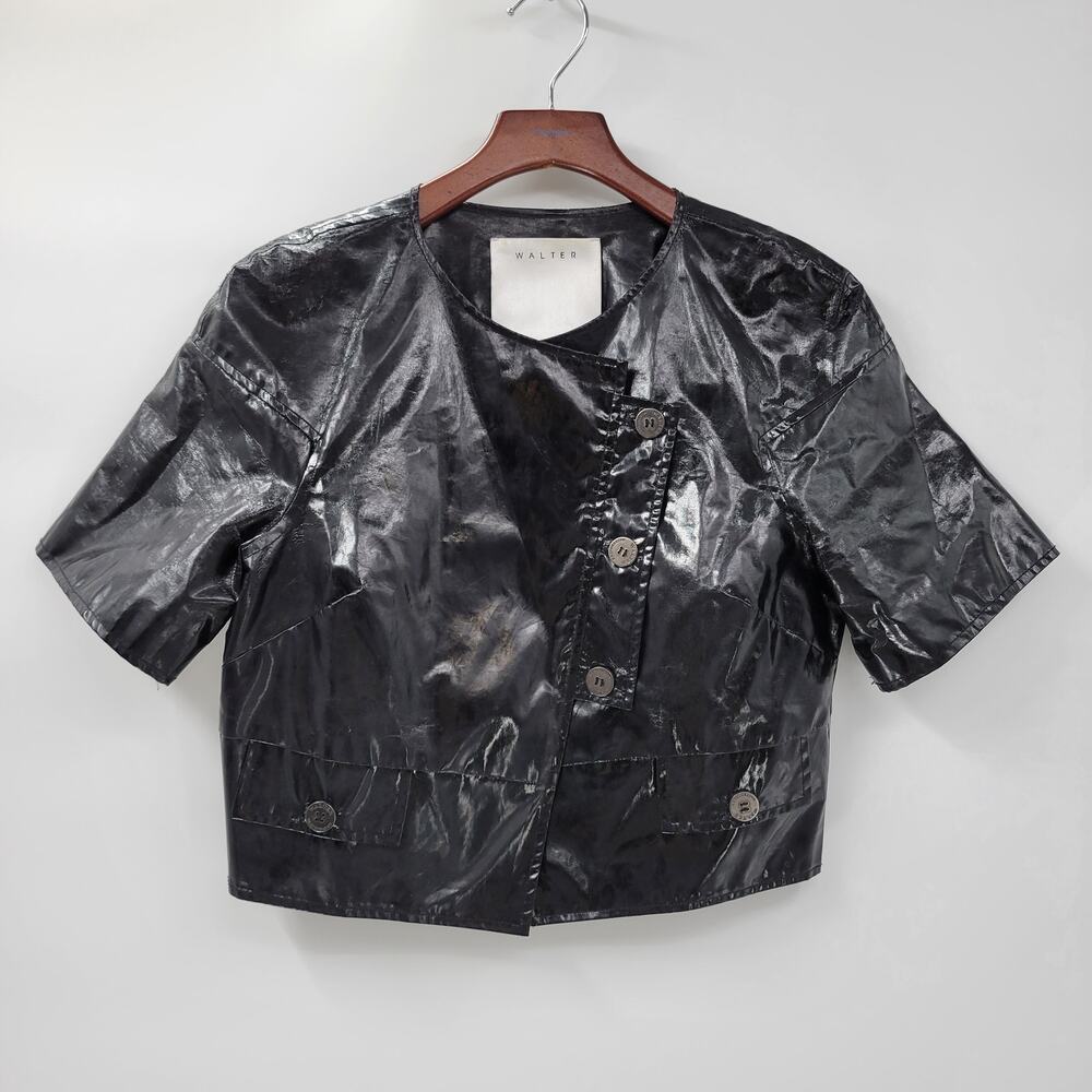 Walter Baker Shirt Womens 8 Black Faux Leather Buttons Asymmetrical Cropped
